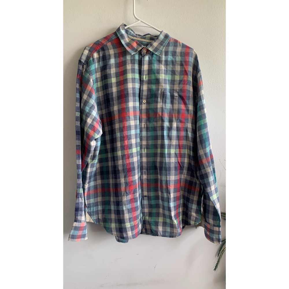 Tommy Bahama Mens Large Plaid Button Down Shirt Blue Green Red Long Sleeve 3832